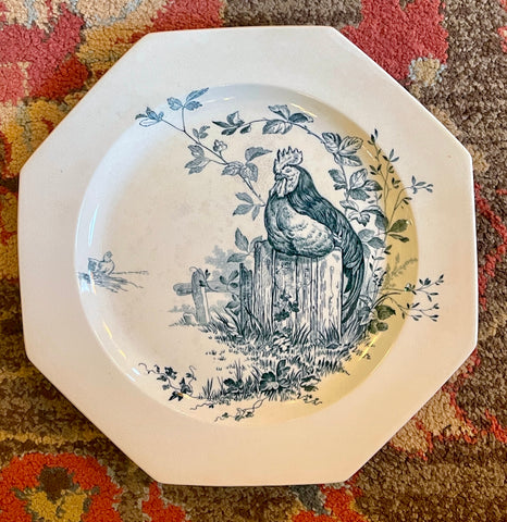 Rustic Rooster / Hen Chickens Circa 1860's Wedgwood Octagon Blue Transferware Plate 7