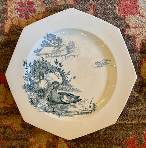 Rare Dark Blue Circa 1860's Wedgwood Octagon Transferware Plate 11 Rustic Water Fowl / Ducks & Fox