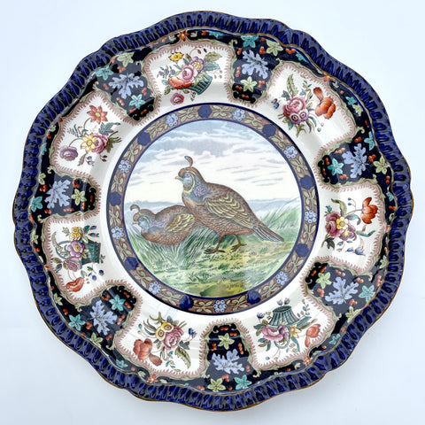 Copeland Spode Upland No.3 California Quail Game Bird Enameled Clobbered Antique Bi Color Transferware Plate