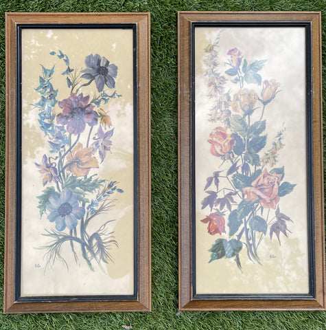 Pair of Vintage English Country Victorian Wood Framed Floral Bouquet Prints
