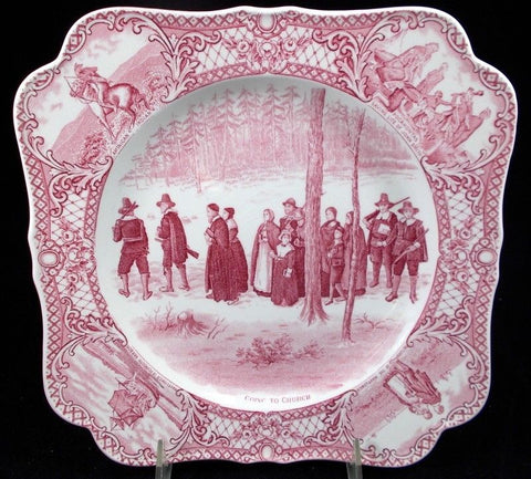 Pink / Red Transferware Square Shape Plate Colonial Times - Going to Church - Historical - Pilgrim / Thanksgiving Dinnerware
