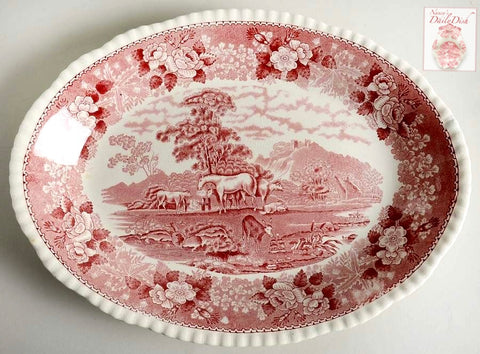 Vintage Farm Animals Red Transferware Platter Horses Sheep Cattle & Goat in Pasture