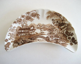 Vintage Brown Toile Transferware Crescent Bone Dish Tonquin Sailboat Waterfall River Front Cottage