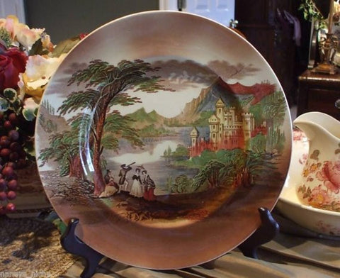Charles Meigh Brown Transferware Platter Charger Chop Plate / Jenny Lind / Castle / Alpine Scenery Round Serving Tray Staffordshire China