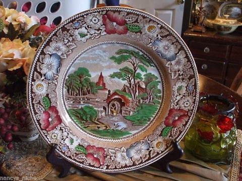 Polychrome Brown Transferware Charger Mill Stream Church Midwinter England