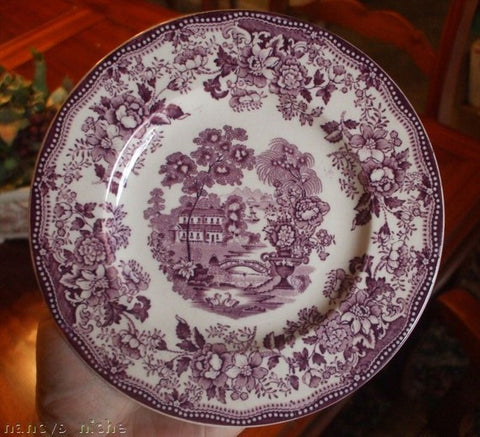 Purple Transferware Tonquin 6.5"  Plate Scenic Sailboat Swans and Roses Clarice Cliff Staffordshire Vintage