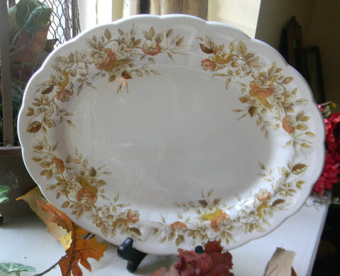 English Light Olive Green Brown Ironstone Transferware Platter with hand painted Roses