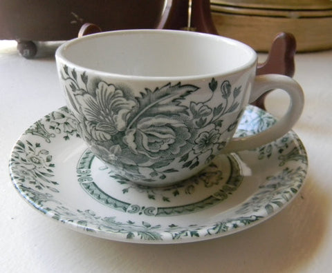 Vintage English Green Transferware Demitasse Cup and  Saucer Roses Flowers