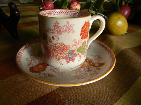 Antique Aesthetic Transferware Red Polychrome Oriental Motif  Demitasse  Cup and Saucer Flowers Pagoda