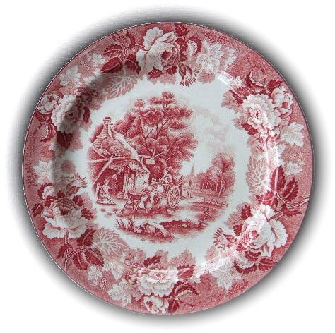 Scenic Red Pink Transferware Plate Chickens Horse Farm Peonies Roses