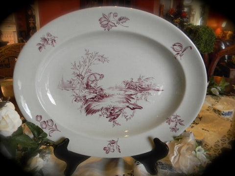 Vintage Wedgwood Country French Platter Plum Purple Transferware  Roosters Pheasants Flowers Gray Creamware  Staffordshire China Rooster Decor
