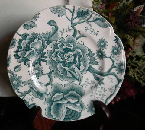 Teal Transferware Plate Cabbage Roses and Flowers