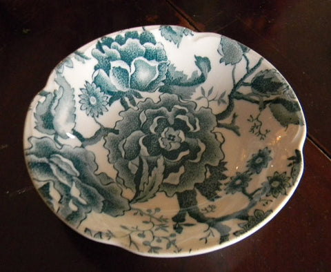 Teal Transferware Bowl Candy Dish Trinket Dish  Cabbage Roses and Flowers