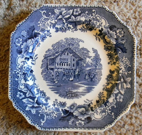 Wedgwood "Avon Cottage" Square Blue Toile Transferware Plate Cottage Picnic and  Music Scene - Roses Border