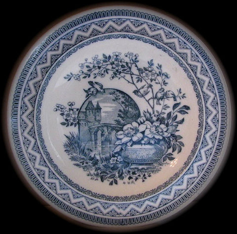 Wedgwood Victorian Aesthetic Teal Blue Transferware Soup/Salad Bowl Plate Birds on a Branch Vase of Flowers Moonlit Castle