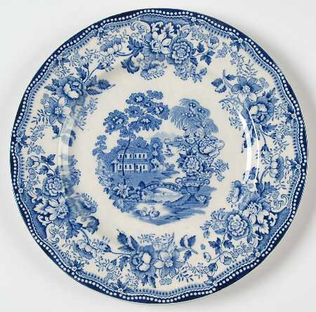 Blue Transferware Dinner Plate Tonquin Wading Swans Waterfall Roses Sail Boat