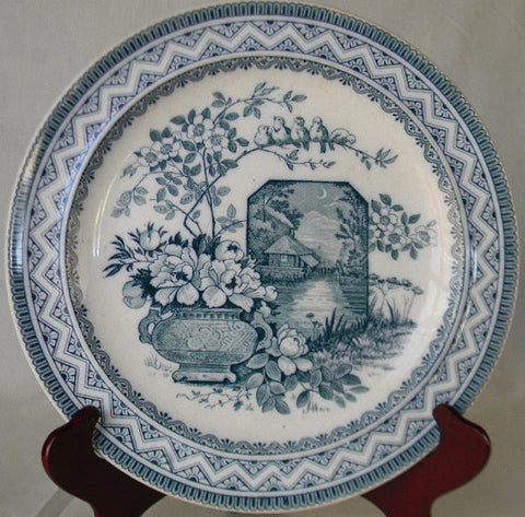 Wedgwood Victorian China Aesthetic Teal Blue Transferware  Plate Birds on a Branch Vase of Flowers Moonlit Castle 10"