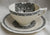Antique  Black English Transferware Cup and Saucer  Embossed Floral Border Rural England