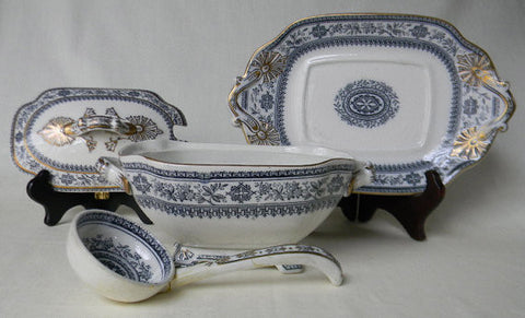 Antique Aesthetic Movement Black Transferware Small Gilded Tureen Ladle and Tab Handled Platter