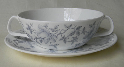 Soft Gray ish Silver Toile Roses Vintage English Transferware Handled Soup Bowl and Plate