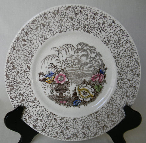 Brown Transferware Plate  Gorgeous Lacustrine / Lake Scene  and Urns with Flowers and Chintz Border