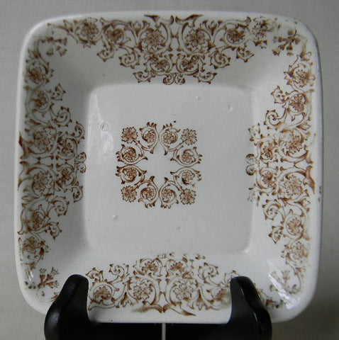 Aesthetic Brown Transferware Square Candy Bowl - Soap Dish - Butter Pat or Trinket DIsh Scrolls & Vines Empress Staffordshire China England