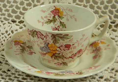 Vintage Red English Garden Transferware Tea Cup and Saucer Periwnkle Pink Green Yellow Flowers Leaves