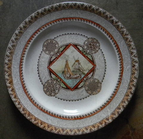 Hand Painted Brown English Transferware Plate Stunning 1871-90 Antique Aesthetic Movement  Geometric Medallion Sailboat Windmill