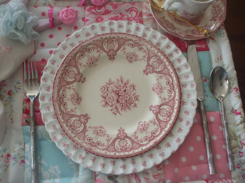 Red Pink Vintage English Transferware Plate Shabby Roses and Victorian Scrolls