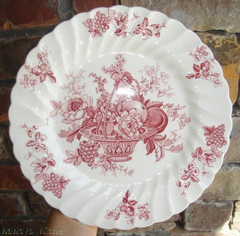 Red Toile Vintage English Transferware Plate Bountiful Victorian Basket of Fruits and Flowers