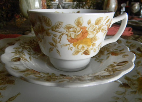 Sage Brown ish Green Transferware Tea Cup Teacup and Saucer Hand Painted Antique Roses Autumn Colors