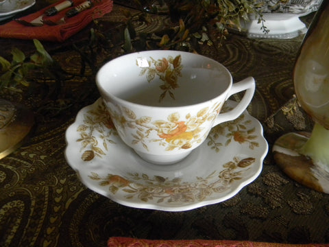 Sage Brown ish Green Transferware Tea Cup Teacup and Saucer Hand Paint