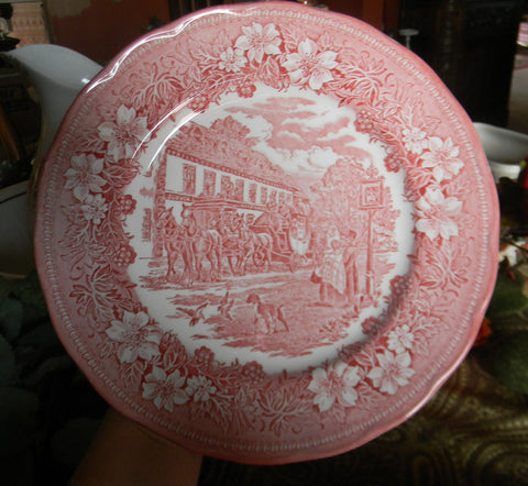 Pink Red Transferware Plate English Coaching Scenes Dogs Flowers