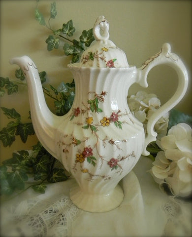 Vintage Brown Transferware Coffee Pot Tea Pot Shabby Chic Cottage Style Hand Painted Pink  and Yellow Flowers