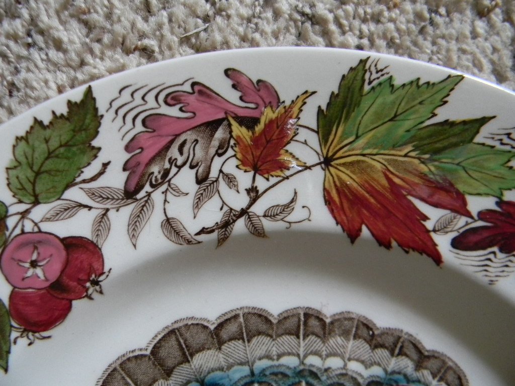 Antique Thanksgiving Turkey Dinnerware Set 8 Brown Transferware Plates & Platt