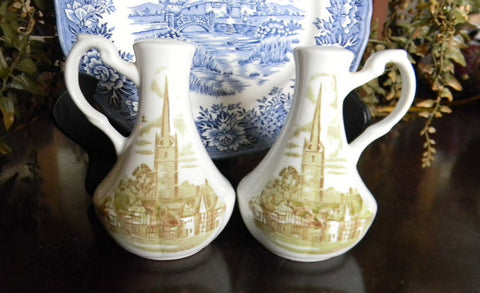 Sage Olive Green  Transferware Salt and Pepper Shakers Romantic England