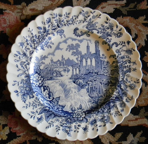 Royal Staffordshire Peaceful Summer Waterfall Mountains Blue Toile Transferware  Scrolls and Roses 10" Plate