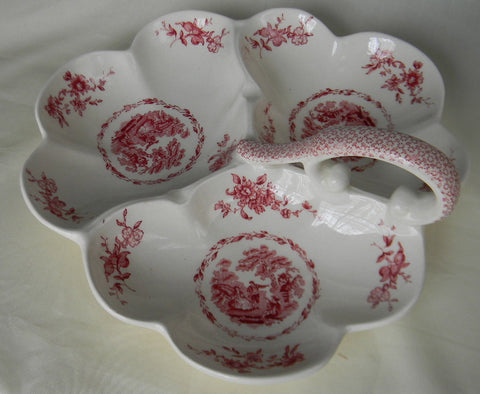 Mason's Romantic Watteau Red  Transferware  3 Section Hors D'oevres Handled Trefoil Relish  Dish Tray Roses Scrolls Victorian Watteau