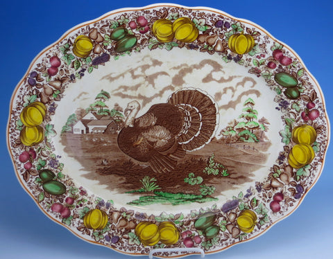 Antique / Vintage English Staffordshire HUGE Barker Brothers Thanksgiving Dinner Turkey Platter Brown Transferware