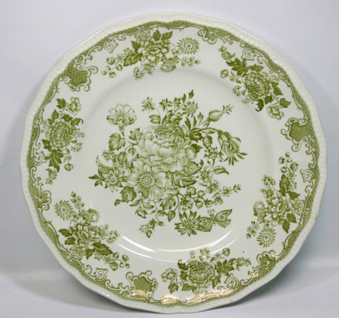 Olive / Sage Green Transferware Plate Roses Bird Butterfly