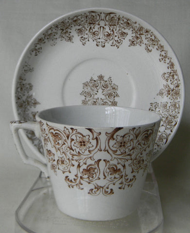 Aesthetic Brown Transferware Teacup and Saucer Empress Victorian Pottery Staffordshire China England Scrolls & Vines