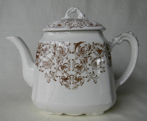 Antique English Victorian Teapot Aesthetic Brown Earthenware Transferware Tea Pot Teapot Scrolls & Vines Empress Staffordshire England