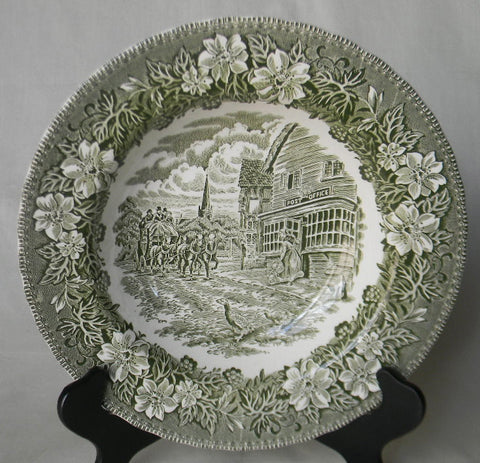 Green Transferware Plate English Coaching Scenes Geese Flowers Post Office
