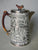 Circa 1934 Faux Bois Black English Transferware Coffee Hot Water Pot Silver Shield Wood Grain Antler Shaped Details