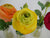 Set of Five Artificial Silk Flower Arrangements Ranunculus (Roses) in Vintage Repro Glass  Milk Bottles