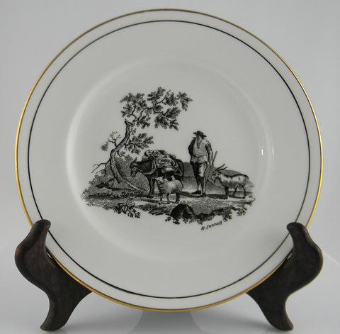 Black Transferware Staffordshire Plate - French Pastoral Scene with Billy Goat, Sheep / Lamb and Donkey