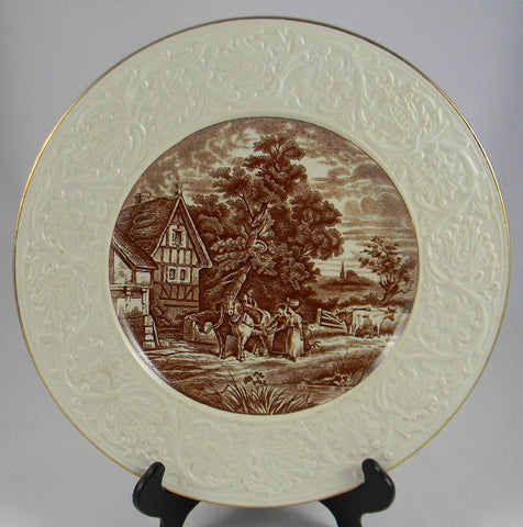 Brown English Transferware Charger Platter Pastoral Cattle Horses Milkmaid Relief Border