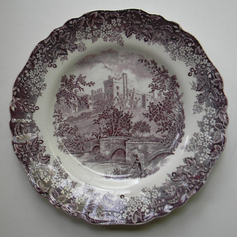 Vintage Purple Romantic England Transferware Plate RARE Fisherman Bridge Horse Castle Flowers
