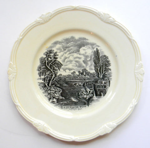 Vintage Black Transferware 8" Plate Lock on the Stour River English Earthenware Staffordshire China John Constable Painting Grindley