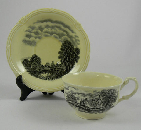 Black Transferware English Tea Cup & Saucer Scenes After Constable Cottage Windmill Dedham Mill John Constable Painting